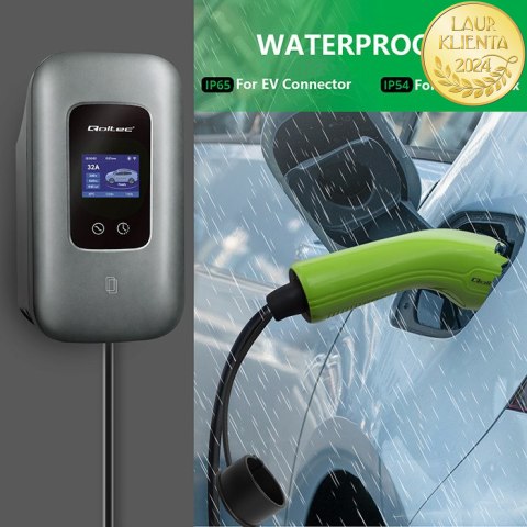 Qoltec Stacja ładowania EV Typ2 do samochodu elektrycznego i hybryd | 3 fazy | 22kW | 32A | Wi-fi | LCD | RFID | Smart life | T