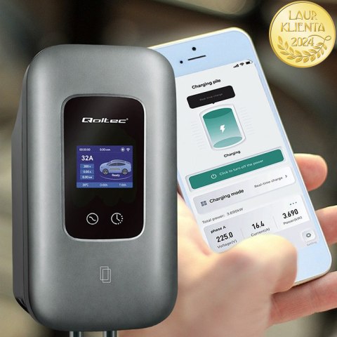 Qoltec Stacja ładowania EV Typ2 do samochodu elektrycznego i hybryd | 3 fazy | 22kW | 32A | Wi-fi | LCD | RFID | Smart life | T