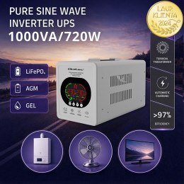 Qoltec Zasilacz awaryjny UPS Pure Sine Wave | 1000VA/720W | Przetwornica 12/230V z AVR | LCD | LiFePO4 AGM GEL