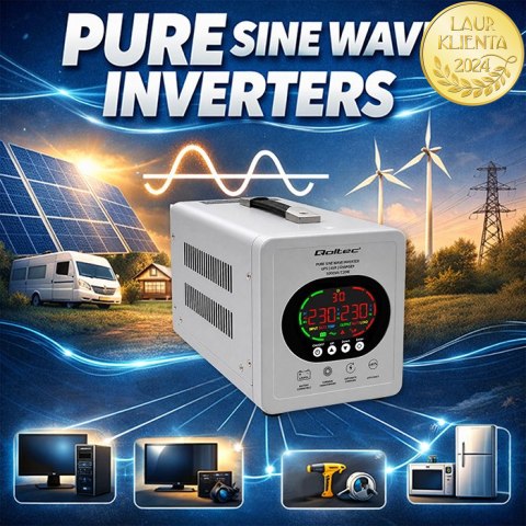Qoltec Zasilacz awaryjny UPS Pure Sine Wave | 1000VA/720W | Przetwornica 12/230V z AVR | LCD | LiFePO4 AGM GEL
