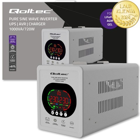 Qoltec Zasilacz awaryjny UPS Pure Sine Wave | 1000VA/720W | Przetwornica 12/230V z AVR | LCD | LiFePO4 AGM GEL