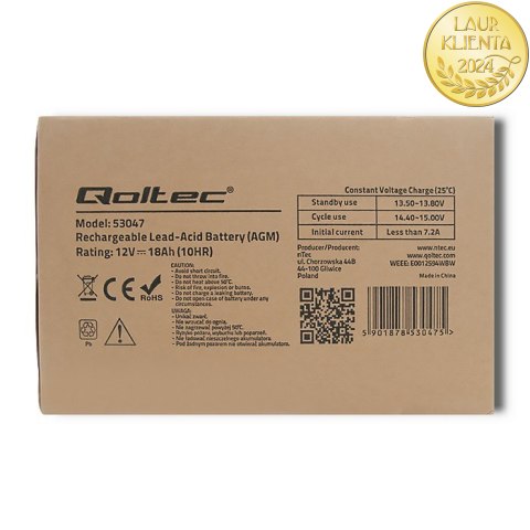 Qoltec Akumulator AGM | 12V | 18Ah | Bezobsługowy | Wydajny | LongLife | do UPS, skutera