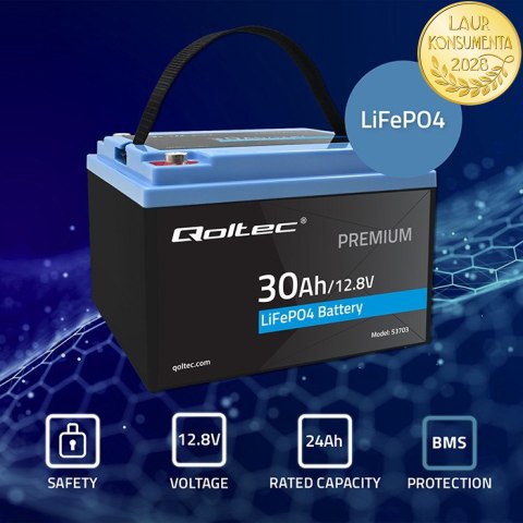 Qoltec Akumulator LiFePO4 Litowo-Żelazowo-Fosforanowy | 12.8V | 30Ah | 384Wh | BMS