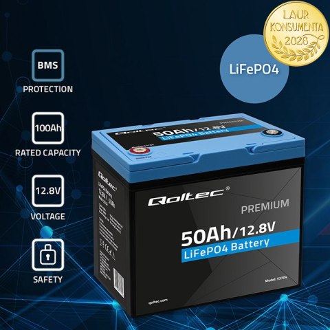 Qoltec Akumulator LiFePO4 Litowo-Żelazowo-Fosforanowy | 12.8V | 50Ah | 640Wh| BMS