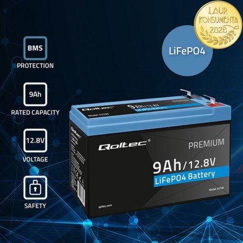 Qoltec Akumulator LiFePO4 Litowo-Żelazowo-Fosforanowy | 12.8V | 9Ah | 115.2Wh | BMS