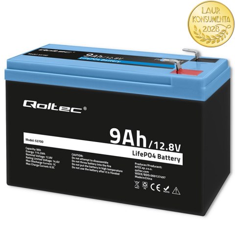 Qoltec Akumulator LiFePO4 Litowo-Żelazowo-Fosforanowy | 12.8V | 9Ah | 115.2Wh | BMS