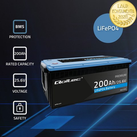 Qoltec Akumulator LiFePO4 Litowo-Żelazowo-Fosforanowy | 25.6V | 200Ah | BMS