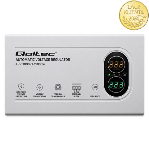 Qoltec Automatyczny Stabilizator napięcia AVR 3000VA | 1800W | Compact | Toroidalny transformator