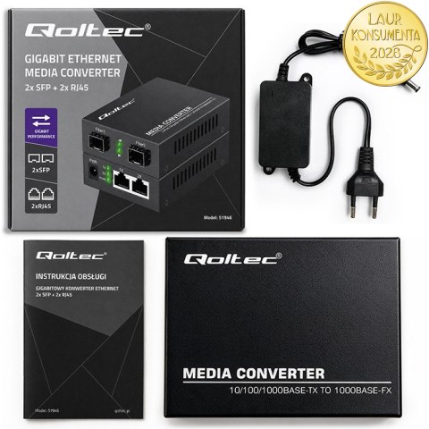 Qoltec Dwukierunkowy Media Konwerter SWITCH Ethernet 2x RJ45 2x SFP| 1000Mb/s | 5V
