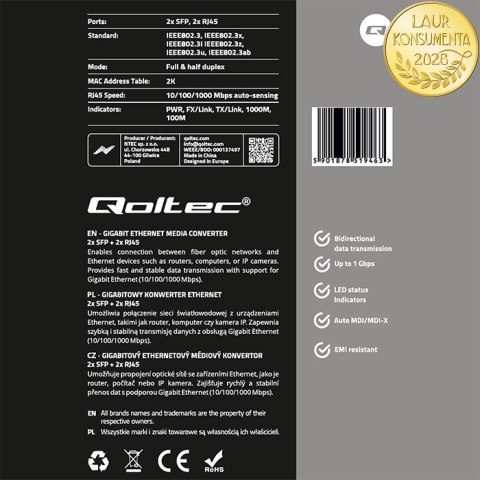 Qoltec Dwukierunkowy Media Konwerter SWITCH Ethernet 2x RJ45 2x SFP| 1000Mb/s | 5V