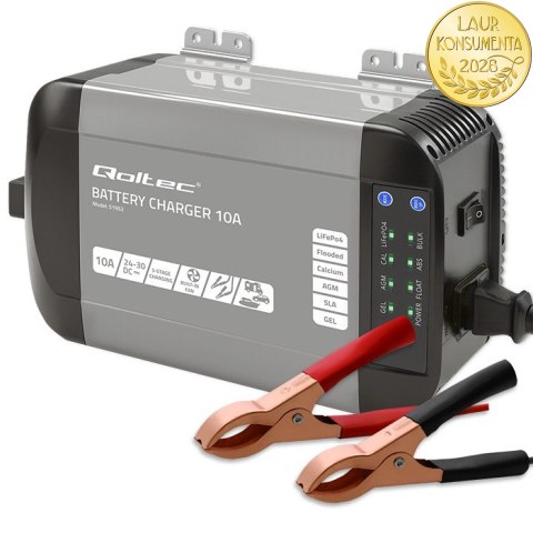 Qoltec Inteligentna ładowarka Monolith do akumulatorów LiFePO4 AGM GEL SLA | 10A | 24V