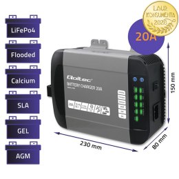Qoltec Inteligentna ładowarka Monolith do akumulatorów LiFePO4 AGM GEL SLA | 20A | 12V