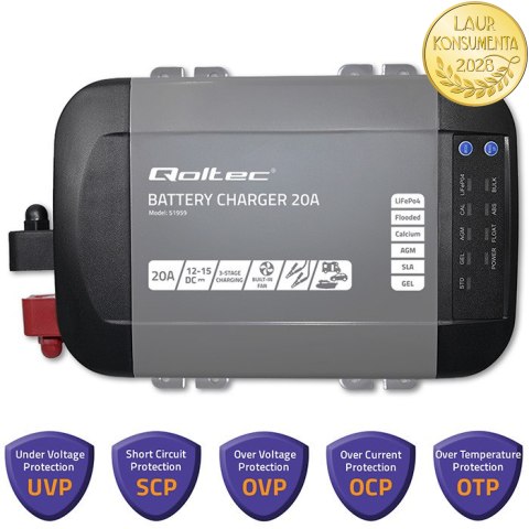 Qoltec Inteligentna ładowarka Monolith do akumulatorów LiFePO4 AGM GEL SLA | 20A | 12V