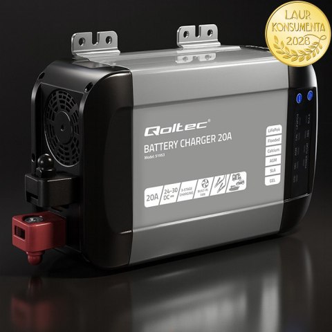Qoltec Inteligentna ładowarka Monolith do akumulatorów LiFePO4 AGM GEL SLA | 20A | 24V