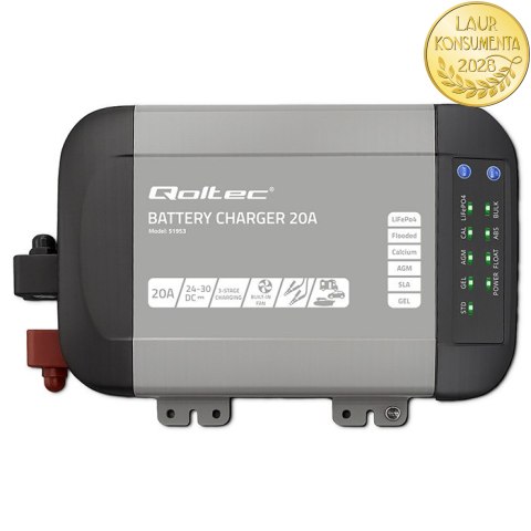 Qoltec Inteligentna ładowarka Monolith do akumulatorów LiFePO4 AGM GEL SLA | 20A | 24V