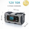 Qoltec Inteligentna mikroprocesorowa ładowarka 12V 10A | Prostownik z funkcją naprawy do akumulatora AGM GEL LiFePO4 | LCD