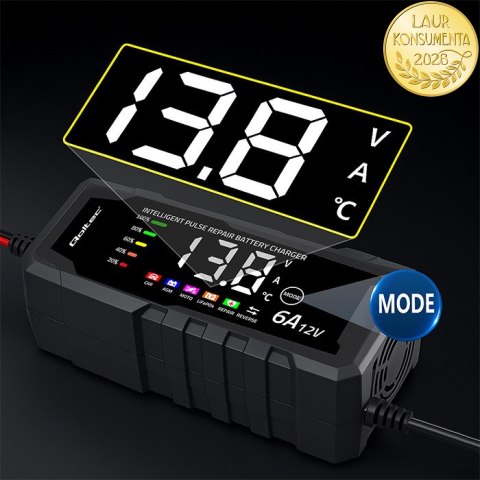 Qoltec Inteligentna mikroprocesorowa ładowarka 12V 6A | Prostownik z funkcją naprawy do akumulatora AGM GEL LiFePO4 | LCD