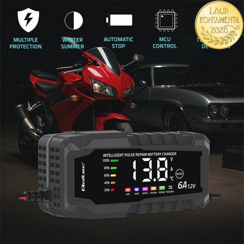 Qoltec Inteligentna mikroprocesorowa ładowarka 12V 6A | Prostownik z funkcją naprawy do akumulatora AGM GEL LiFePO4 | LCD