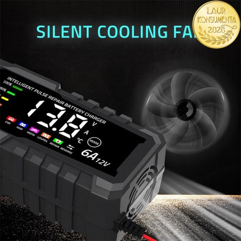 Qoltec Inteligentna mikroprocesorowa ładowarka 12V 6A | Prostownik z funkcją naprawy do akumulatora AGM GEL LiFePO4 | LCD