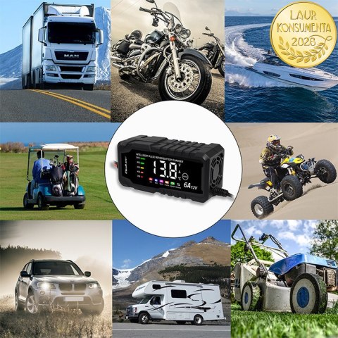 Qoltec Inteligentna mikroprocesorowa ładowarka 12V 6A | Prostownik z funkcją naprawy do akumulatora AGM GEL LiFePO4 | LCD