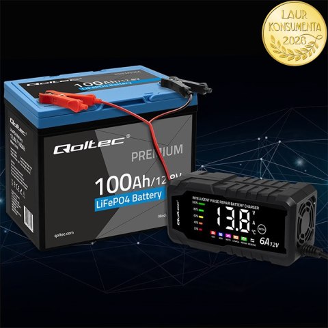 Qoltec Inteligentna mikroprocesorowa ładowarka 12V 6A | Prostownik z funkcją naprawy do akumulatora AGM GEL LiFePO4 | LCD