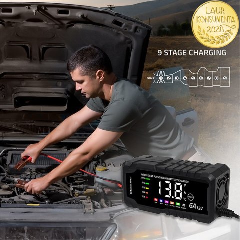Qoltec Inteligentna mikroprocesorowa ładowarka 12V 6A | Prostownik z funkcją naprawy do akumulatora AGM GEL LiFePO4 | LCD
