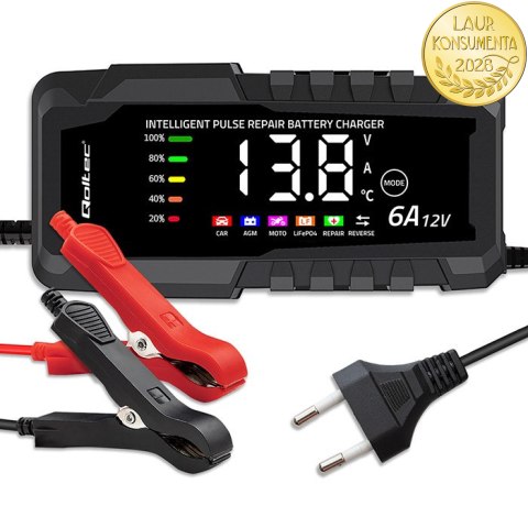 Qoltec Inteligentna mikroprocesorowa ładowarka 12V 6A | Prostownik z funkcją naprawy do akumulatora AGM GEL LiFePO4 | LCD