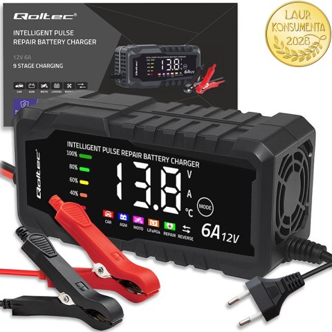 Qoltec Inteligentna mikroprocesorowa ładowarka 12V 6A | Prostownik z funkcją naprawy do akumulatora AGM GEL LiFePO4 | LCD