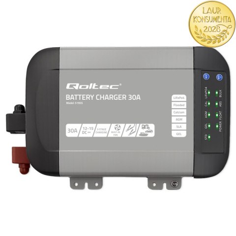 Qoltec Inteligentna profesjonalna ładowarka Monolith do akumulatorów LiFePO4 AGM GEL SLA | 30A | 12V