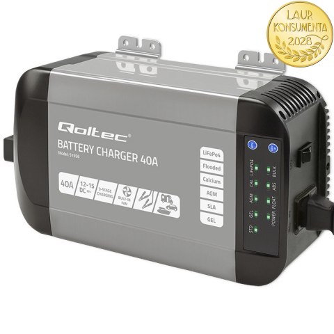 Qoltec Inteligentna profesjonalna ładowarka Monolith do akumulatorów LiFePO4 AGM GEL SLA | 40A | 12V