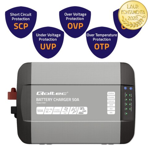 Qoltec Inteligentna profesjonalna ładowarka Monolith do akumulatorów LiFePO4 AGM GEL SLA | 50A | 12V
