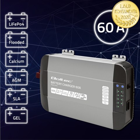 Qoltec Inteligentna profesjonalna ładowarka Monolith do akumulatorów LiFePO4 AGM GEL SLA | 60A | 12V | Szybkie ładowanie