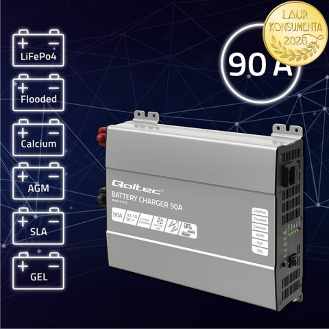 Qoltec Inteligentna profesjonalna ładowarka Monolith do akumulatorów LiFePO4 AGM GEL SLA | 90A | 12V | Szybkie ładowanie