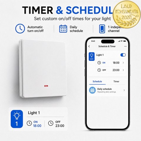Qoltec Inteligentny 1-kanałowy włącznik wyłacznik światła | Wi-Fi | Timer | Tuya | Smart life | Biały