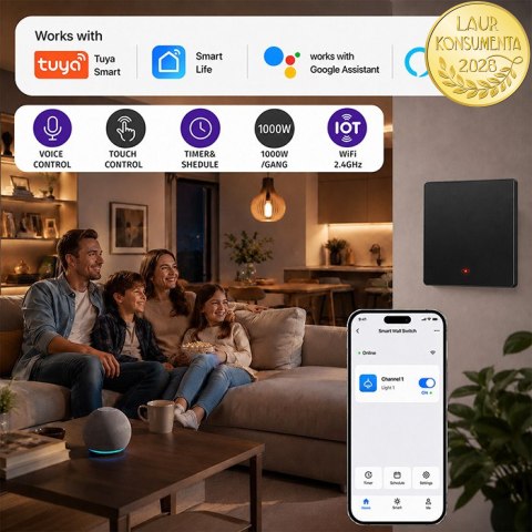 Qoltec Inteligentny 1-kanałowy włącznik wyłącznik światła | Wi-Fi | Timer | Tuya | Smart life | Czarny