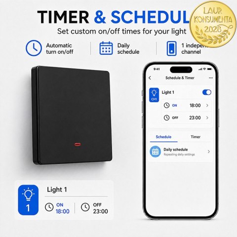 Qoltec Inteligentny 1-kanałowy włącznik wyłącznik światła | Wi-Fi | Timer | Tuya | Smart life | Czarny