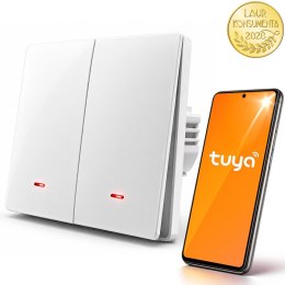Qoltec Inteligentny 2-kanałowy włącznik wyłacznik światła | Wi-Fi |Timer| Tuya | Smart life | Biały