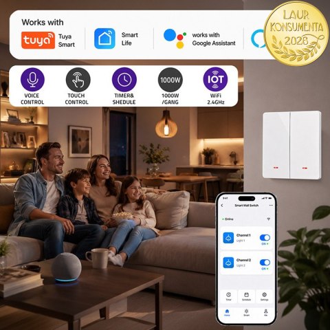 Qoltec Inteligentny 2-kanałowy włącznik wyłacznik światła | Wi-Fi |Timer| Tuya | Smart life | Biały