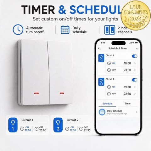 Qoltec Inteligentny 2-kanałowy włącznik wyłacznik światła | Wi-Fi |Timer| Tuya | Smart life | Biały