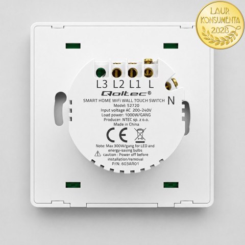 Qoltec Inteligentny 2-kanałowy włącznik wyłacznik światła | Wi-Fi |Timer| Tuya | Smart life | Biały
