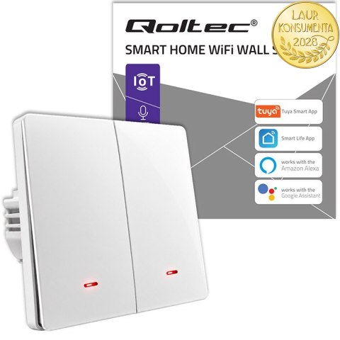 Qoltec Inteligentny 2-kanałowy włącznik wyłacznik światła | Wi-Fi |Timer| Tuya | Smart life | Biały
