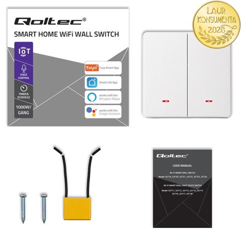 Qoltec Inteligentny 2-kanałowy włącznik wyłacznik światła | Wi-Fi |Timer| Tuya | Smart life | Biały