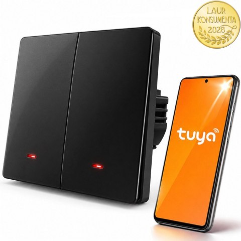 Qoltec Inteligentny 2-kanałowy włącznik wyłącznik światła | Wi-Fi | Timer | Tuya | Smart life | Czarny