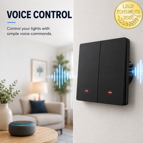 Qoltec Inteligentny 2-kanałowy włącznik wyłącznik światła | Wi-Fi | Timer | Tuya | Smart life | Czarny