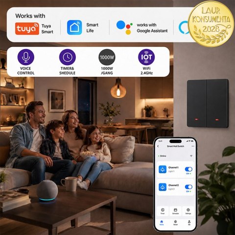 Qoltec Inteligentny 2-kanałowy włącznik wyłącznik światła | Wi-Fi | Timer | Tuya | Smart life | Czarny