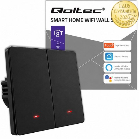 Qoltec Inteligentny 2-kanałowy włącznik wyłącznik światła | Wi-Fi | Timer | Tuya | Smart life | Czarny