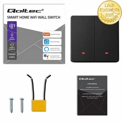 Qoltec Inteligentny 2-kanałowy włącznik wyłącznik światła | Wi-Fi | Timer | Tuya | Smart life | Czarny