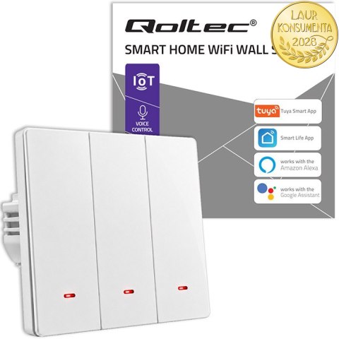 Qoltec Inteligentny 3-kanałowy włącznik wyłacznik światła | Wi-Fi | Timer| Tuya | Smart life | Biały