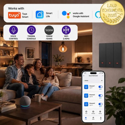 Qoltec Inteligentny 3-kanałowy włącznik wyłącznik światła | Wi-Fi | Timer | Tuya | Smart life | Czarny