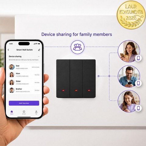 Qoltec Inteligentny 3-kanałowy włącznik wyłącznik światła | Wi-Fi | Timer | Tuya | Smart life | Czarny